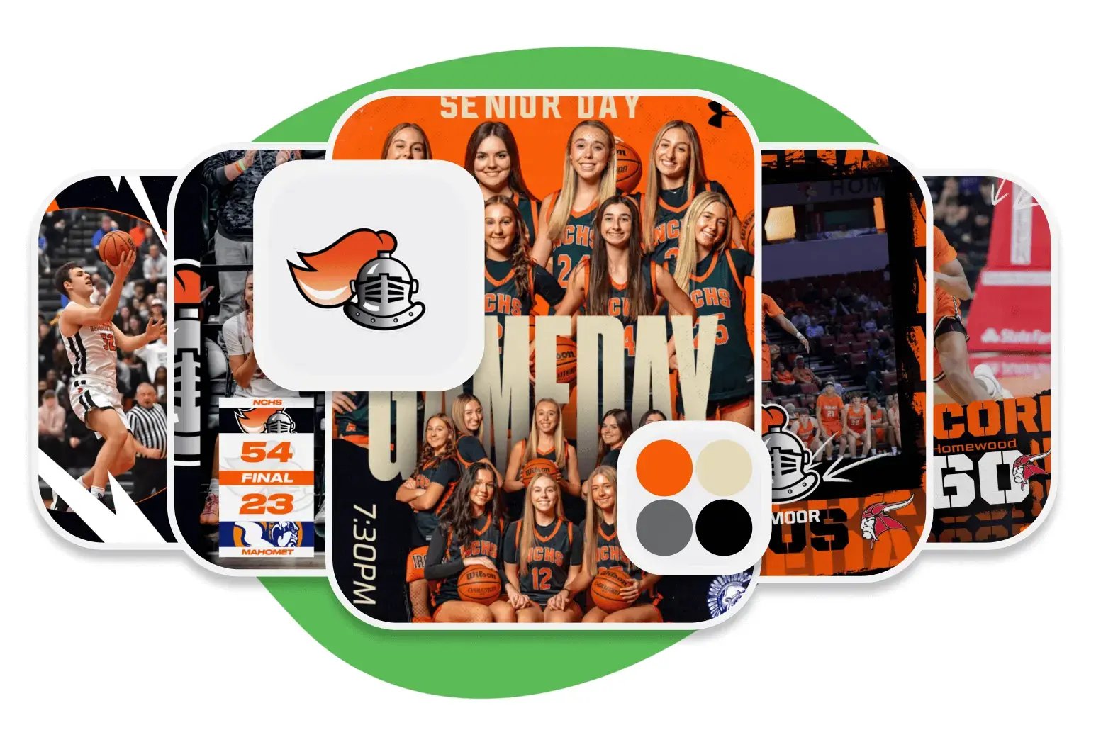 Five social media graphics in orange and black branding and colors