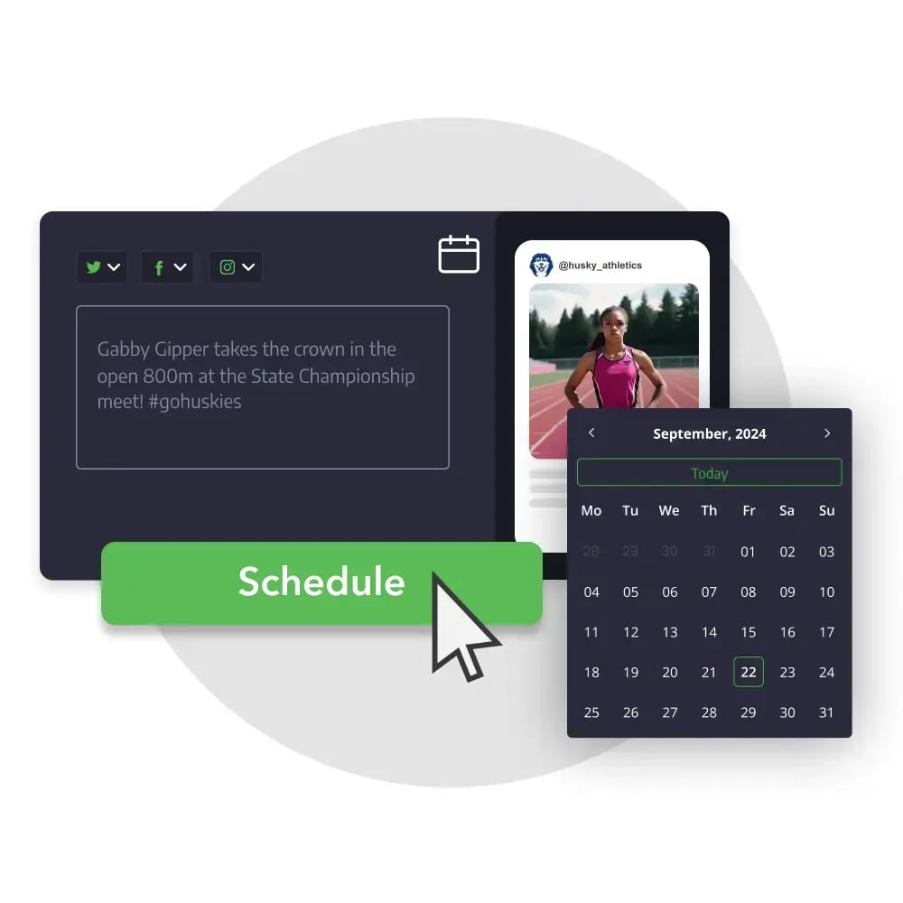 Picking a date and time to schedule a social media post using the calendar on Gipper's scheduling feature