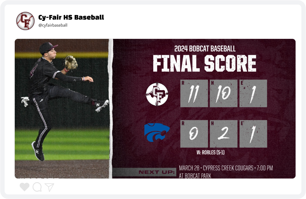 Cy-Fair High School Baseball Final Score Graphic