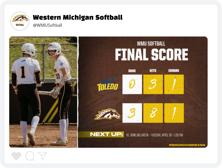 Western Michigan Softball Score Update Graphic