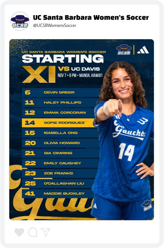 UCSB Women's Soccer Starting Lineup Graphic