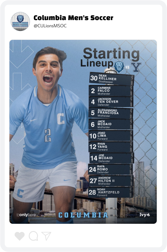 Columbia Men's Soccer Starting Lineup Graphic