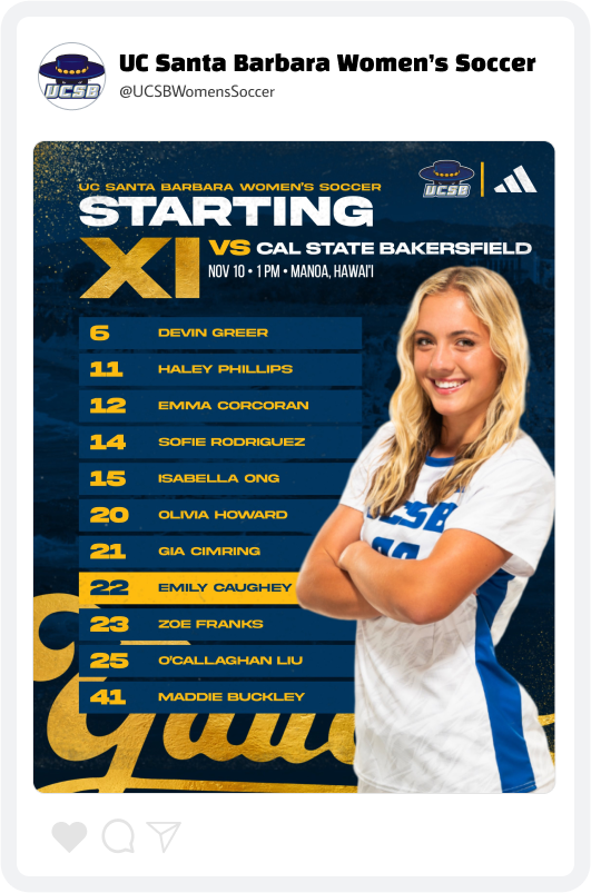 UCSB Women's Soccer Starting Lineup Graphic